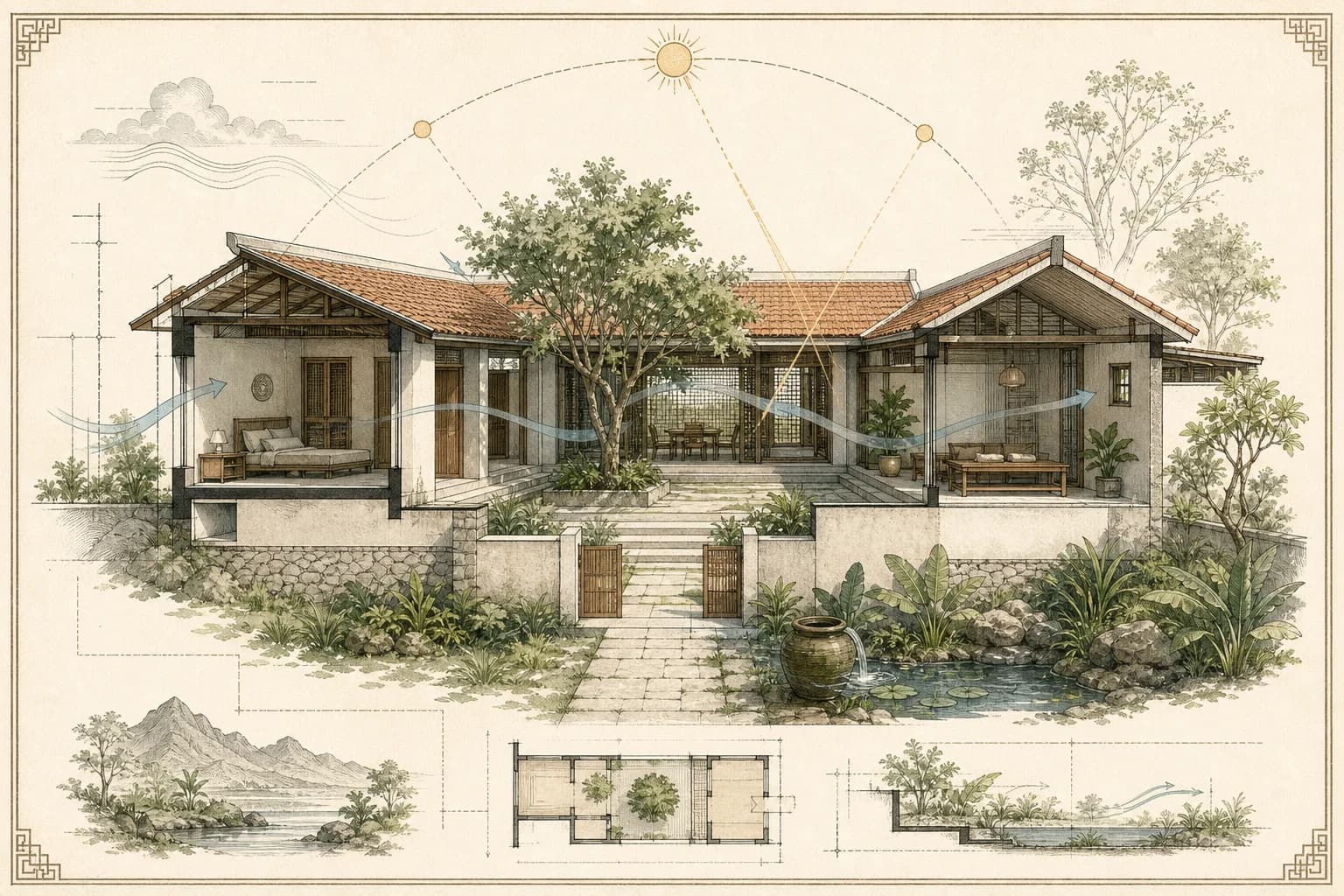 Hồ sơ khảo sát nhà ở với sân trong, ánh sáng, thông gió và mặt bằng