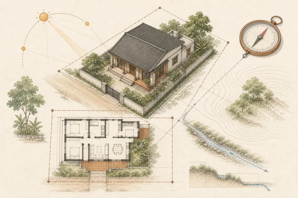 Họa bản nhà ở, mặt bằng, ranh đất, địa hình và la bàn