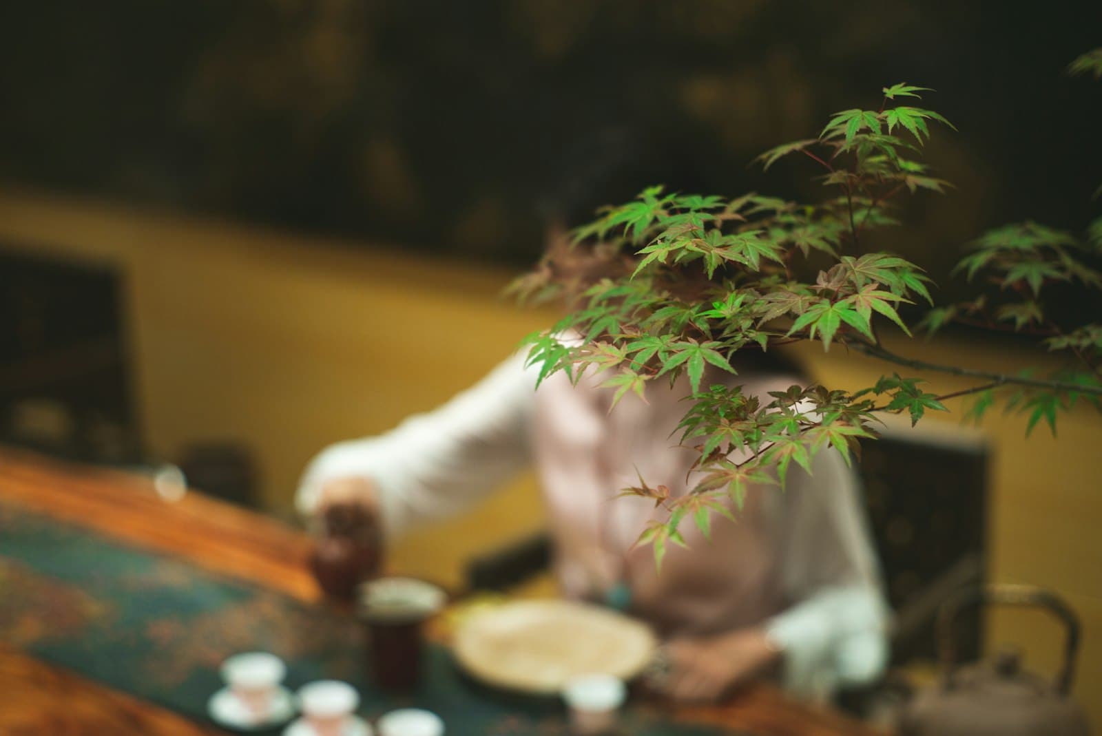 Bộ ấm trà đạo trên bàn gỗ